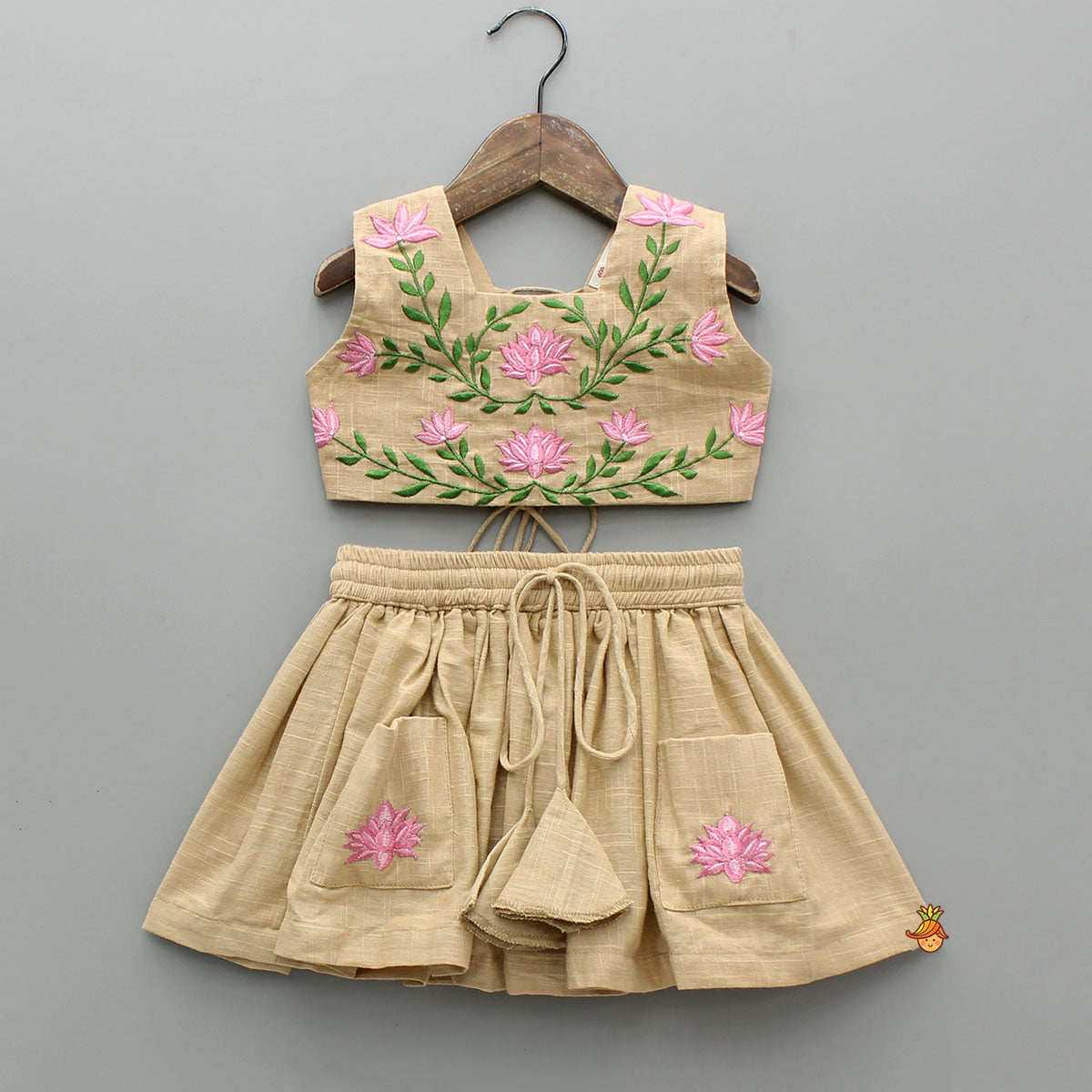 Cute Floral Embroidered Beige Crop Top With Skort