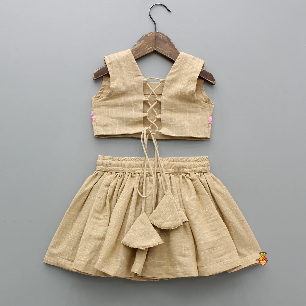 Cute Floral Embroidered Beige Crop Top With Skort
