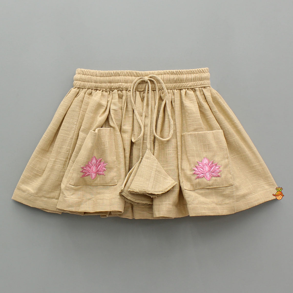 Cute Floral Embroidered Beige Crop Top With Skort