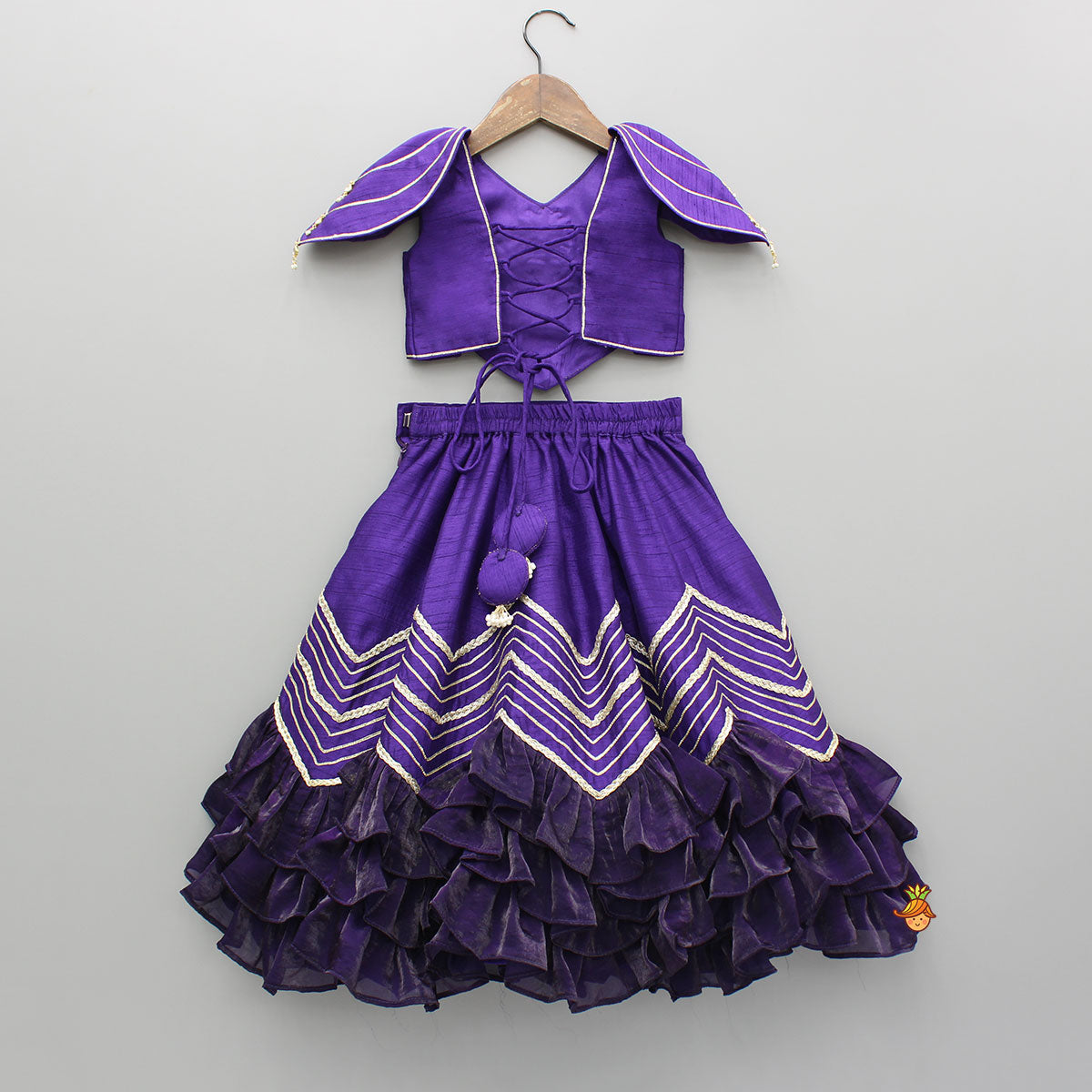Pre Order: Purple Embroidered Top And Lehenga With Attached Pouch And Dupatta
