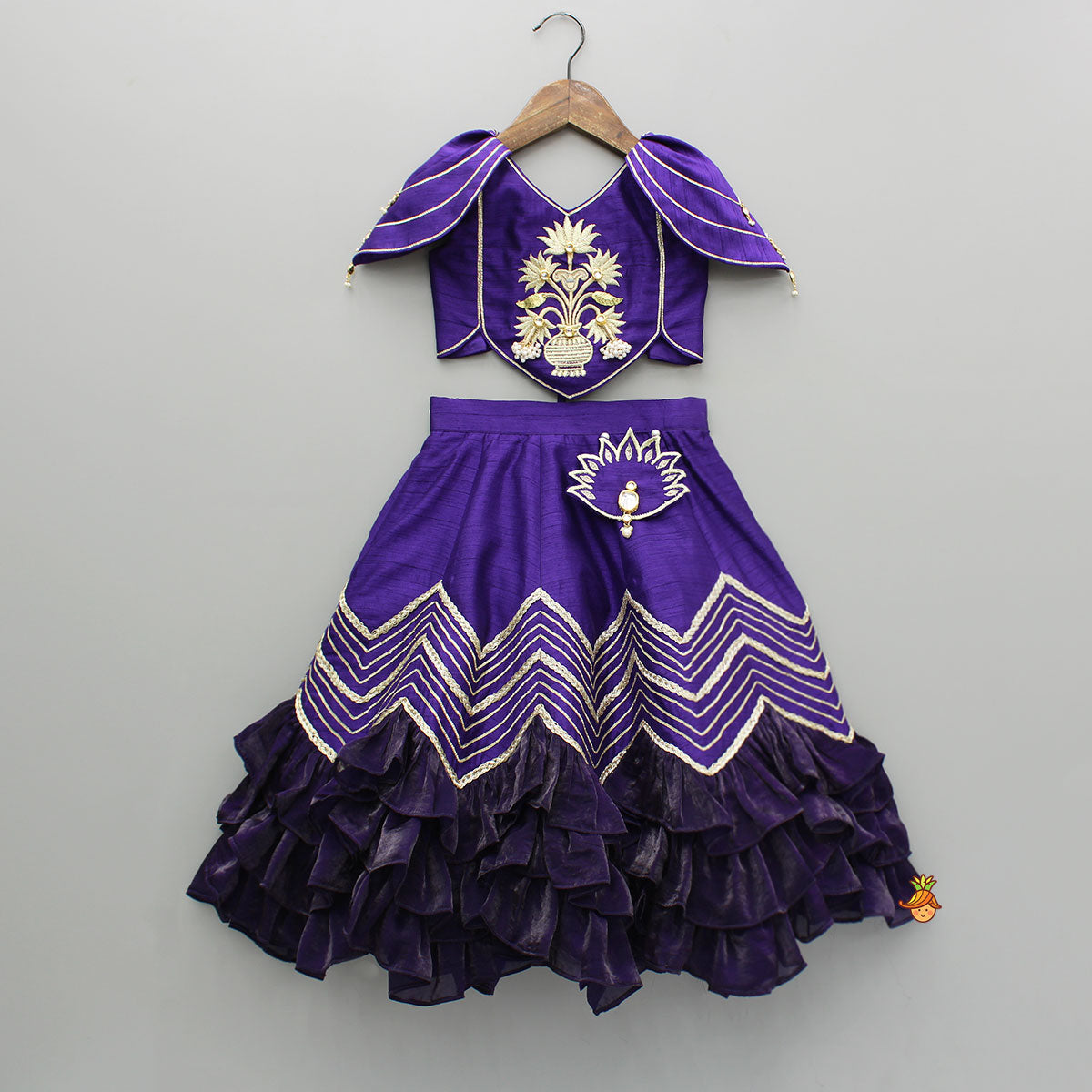 Pre Order: Purple Embroidered Top And Lehenga With Attached Pouch And Dupatta