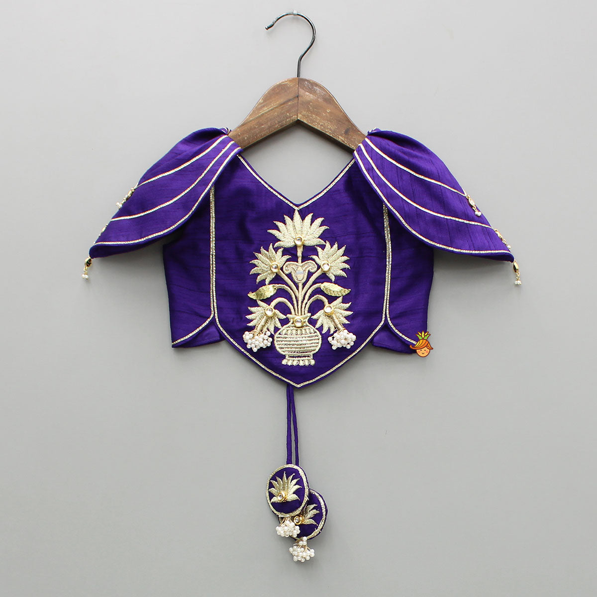 Pre Order: Purple Embroidered Top And Lehenga With Attached Pouch And Dupatta