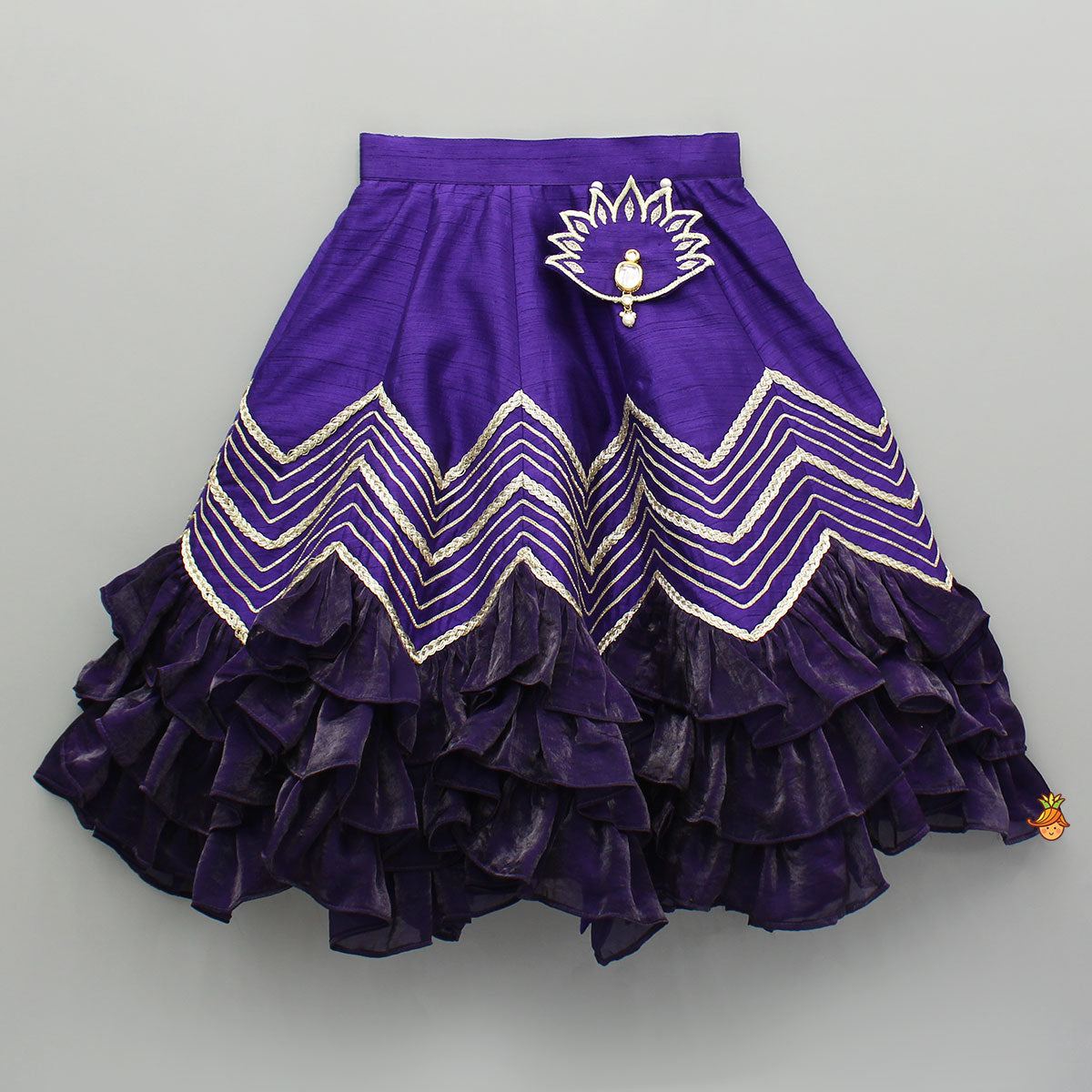 Pre Order: Purple Embroidered Top And Lehenga With Attached Pouch And Dupatta