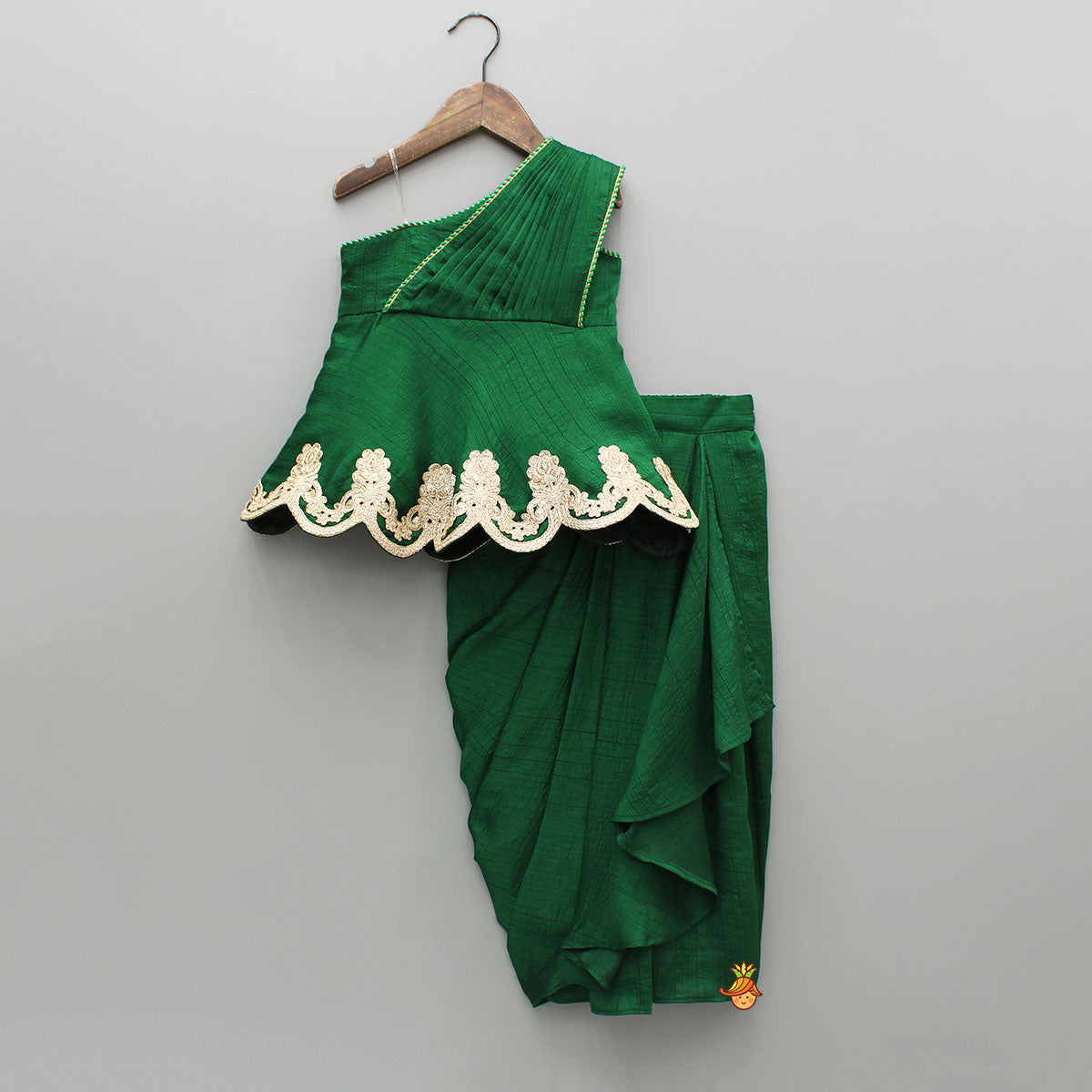 Pre Order: Green Lace Embroidered One Shoulder Top With Attached Pleated Dupatta And Stylish Dhoti Skirt