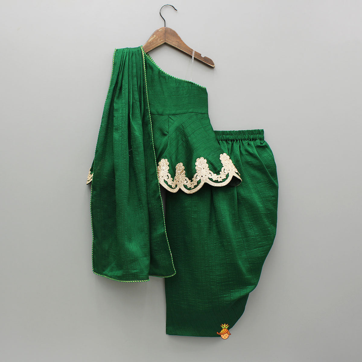 Pre Order: Green Lace Embroidered One Shoulder Top With Attached Pleated Dupatta And Stylish Dhoti Skirt
