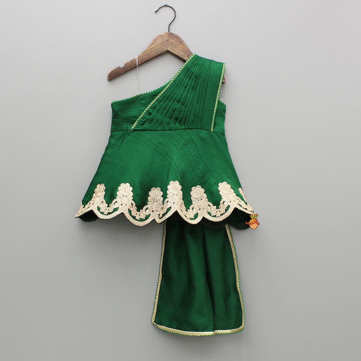 Pre Order: Green Lace Embroidered One Shoulder Top With Attached Pleated Dupatta And Stylish Dhoti Skirt