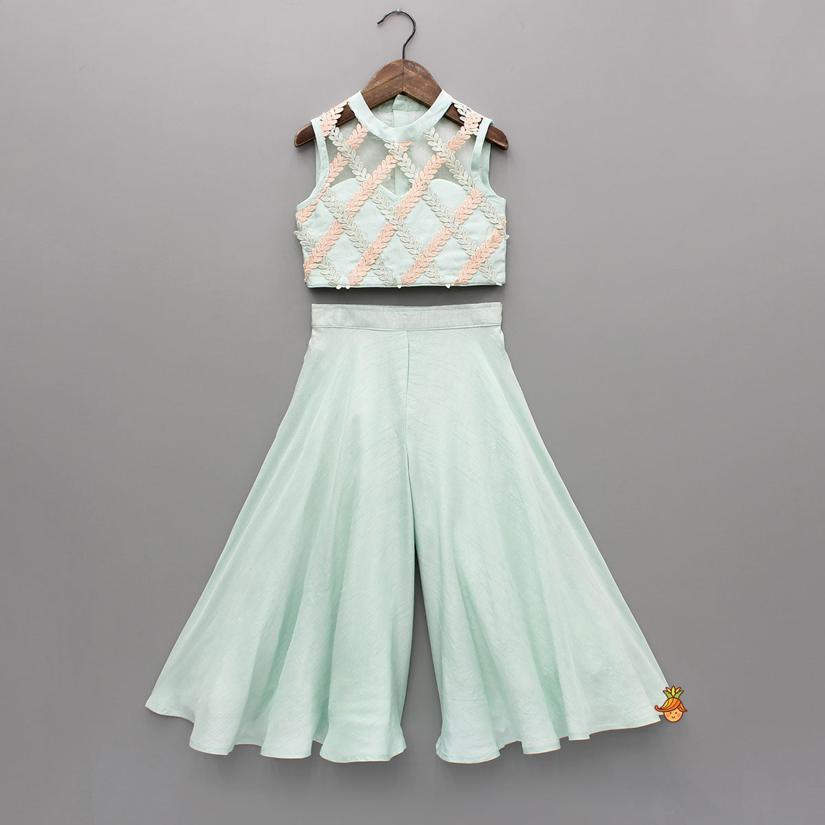 Pre Order: Sequin Embroidered Lace Detailed Top And Umbrella Style Flared Palazzo