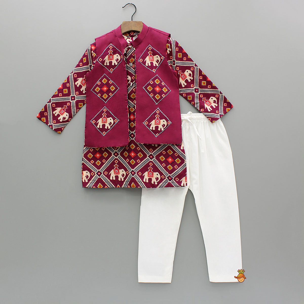 Pre Order: Wine Patola Printed Kurta With Front Open Jacket And Pyjama