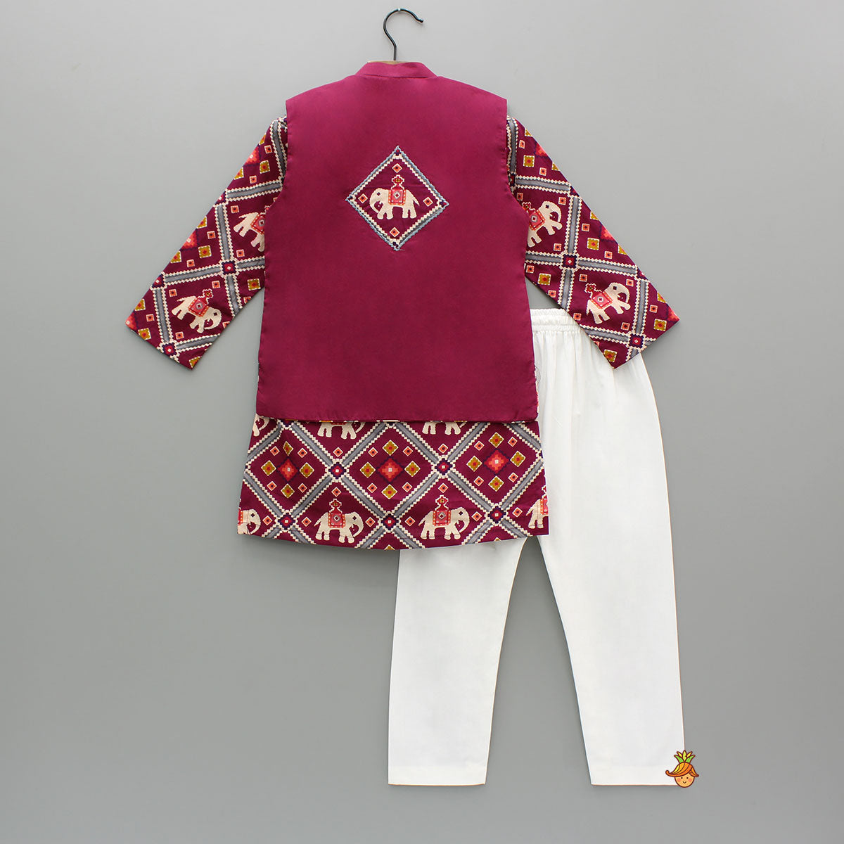 Pre Order: Wine Patola Printed Kurta With Front Open Jacket And Pyjama