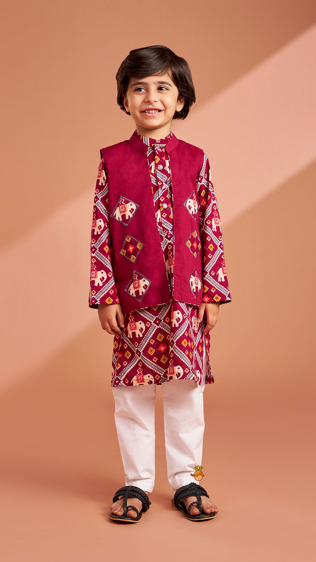 Pre Order: Wine Patola Printed Kurta With Front Open Jacket And Pyjama