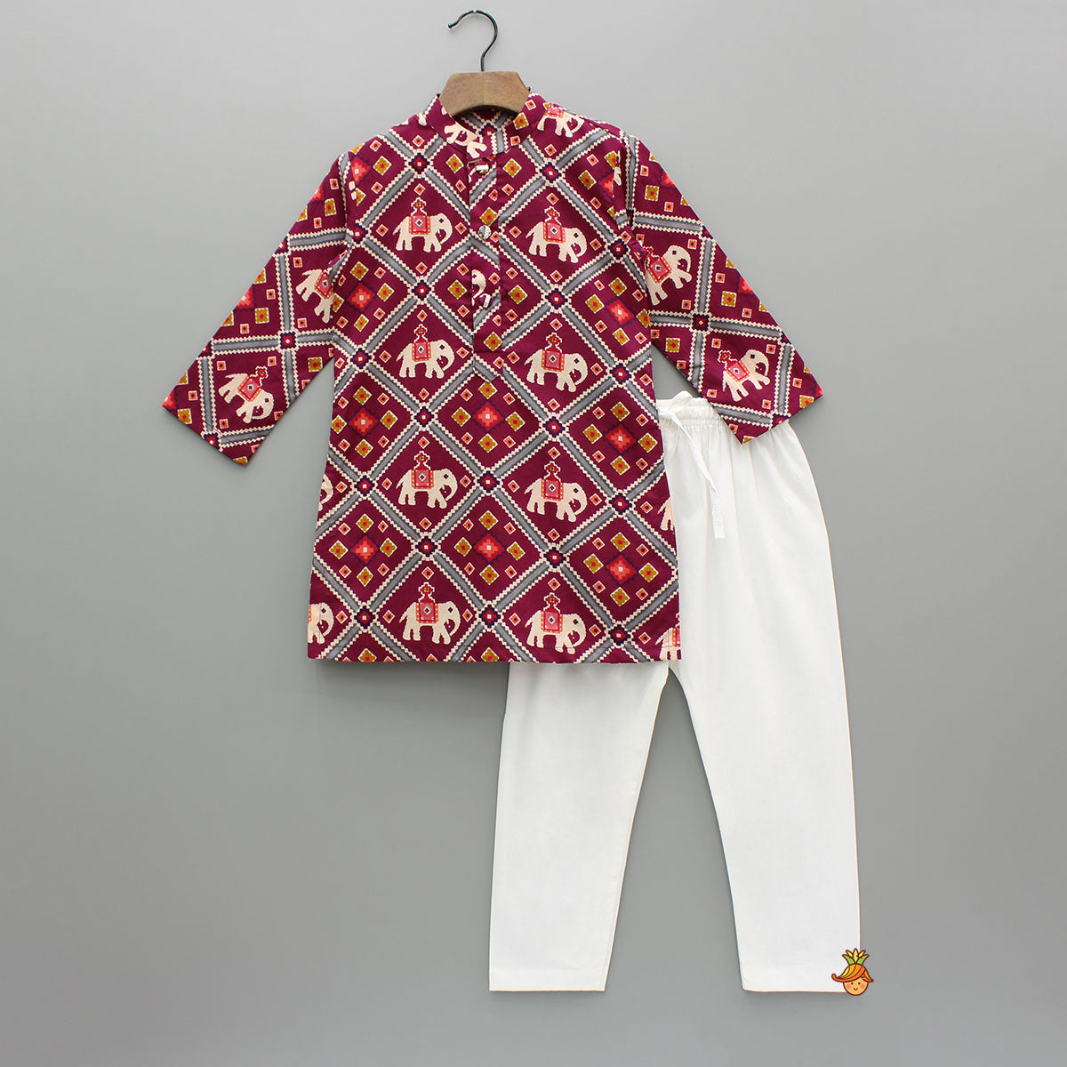 Pre Order: Wine Patola Printed Kurta With Front Open Jacket And Pyjama