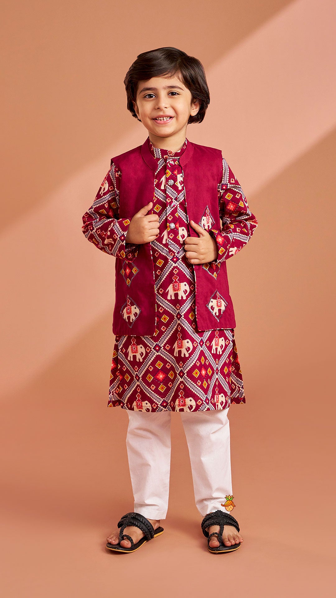 Pre Order: Wine Patola Printed Kurta With Front Open Jacket And Pyjama