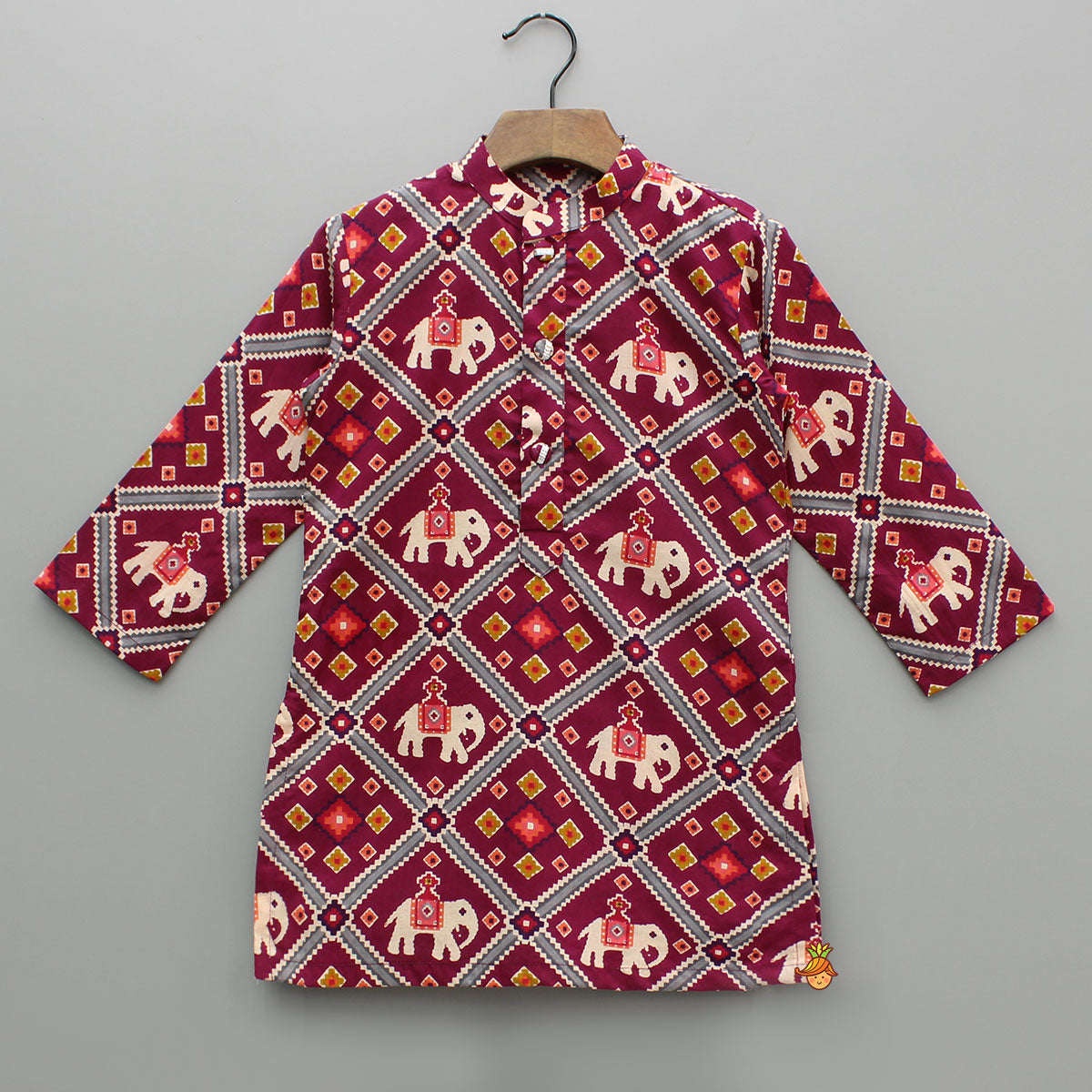 Pre Order: Wine Patola Printed Kurta With Front Open Jacket And Pyjama