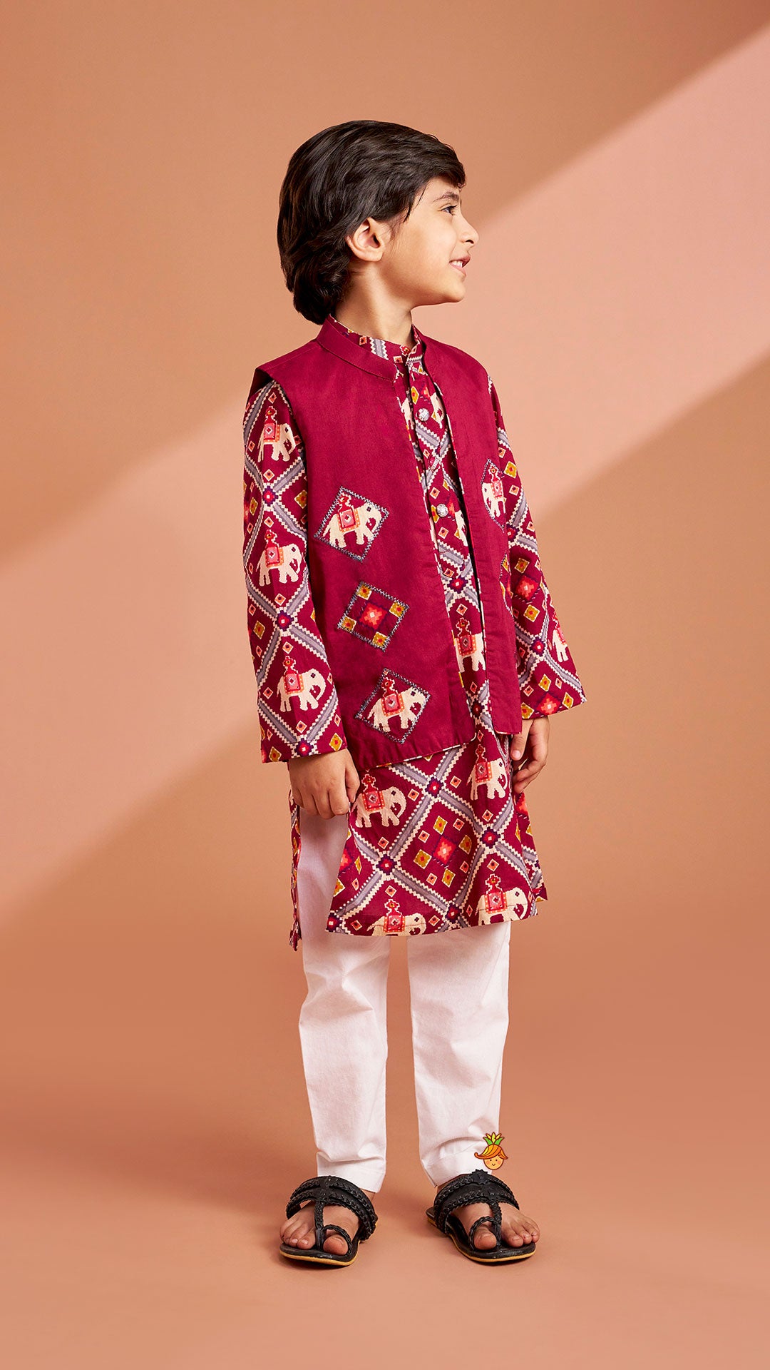Pre Order: Wine Patola Printed Kurta With Front Open Jacket And Pyjama