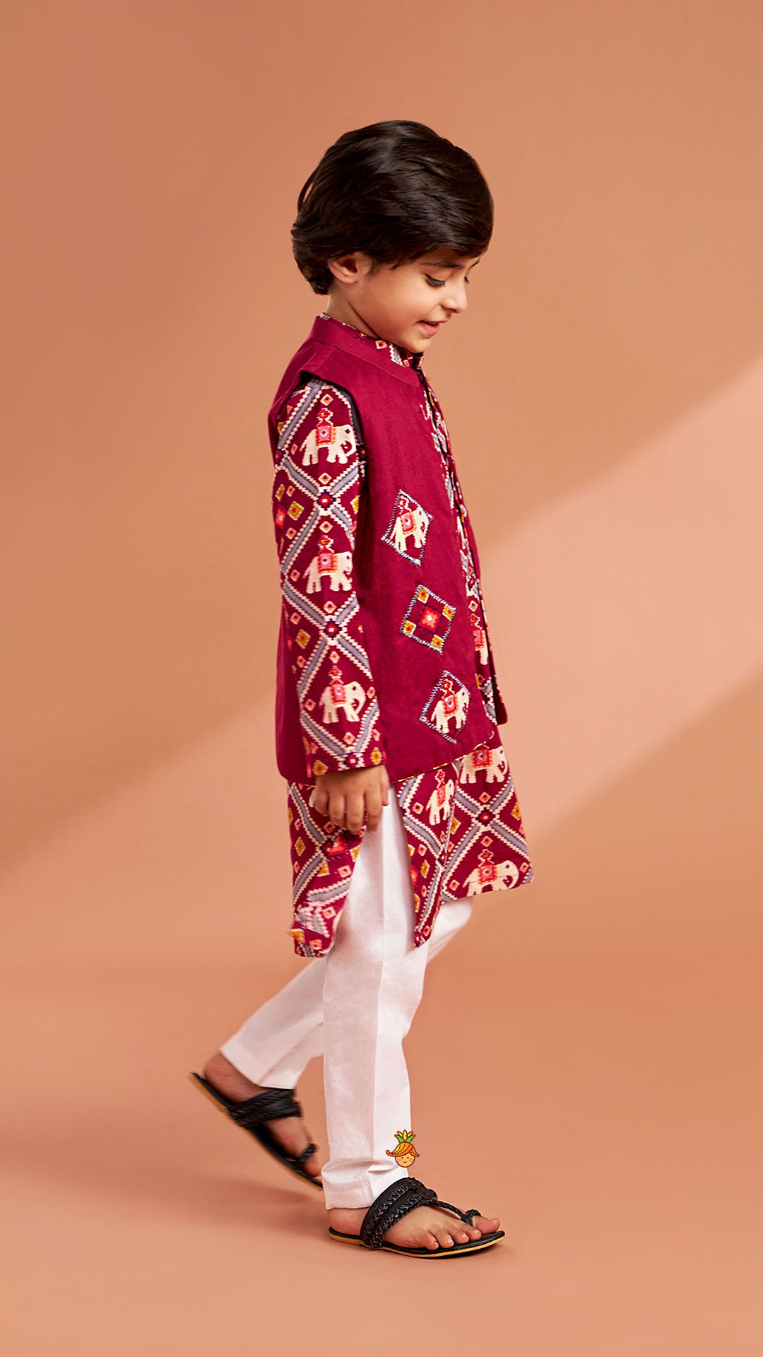 Pre Order: Wine Patola Printed Kurta With Front Open Jacket And Pyjama