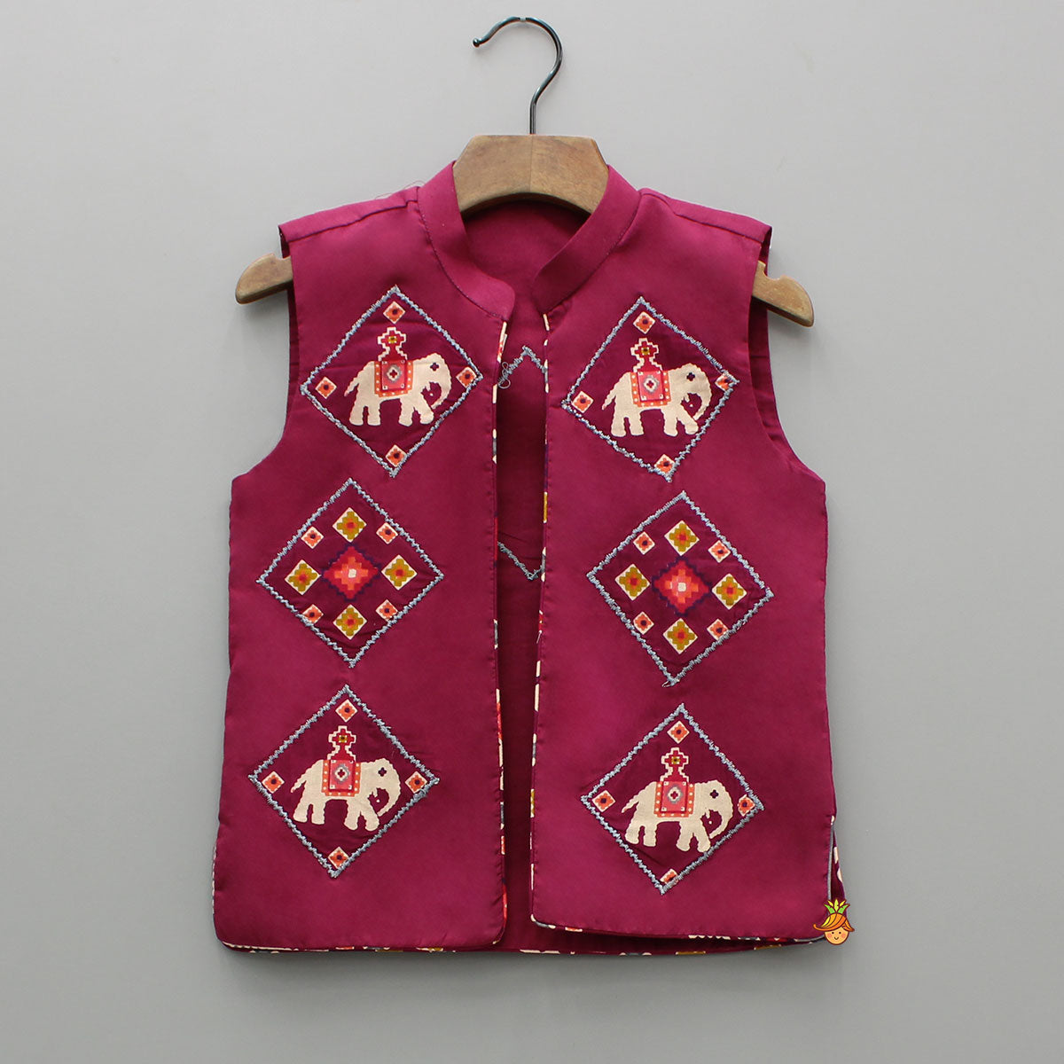 Pre Order: Wine Patola Printed Kurta With Front Open Jacket And Pyjama