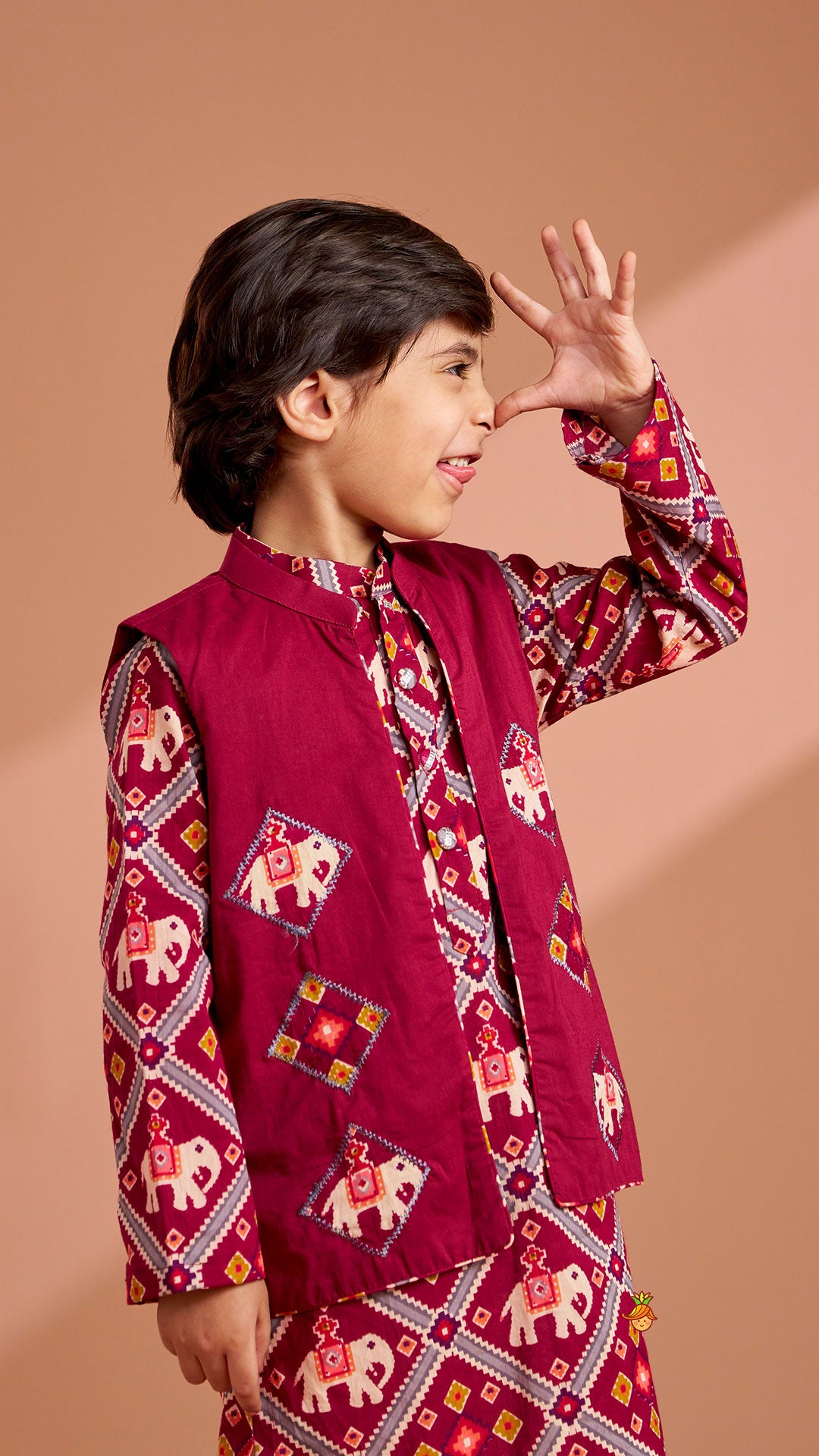 Pre Order: Wine Patola Printed Kurta With Front Open Jacket And Pyjama