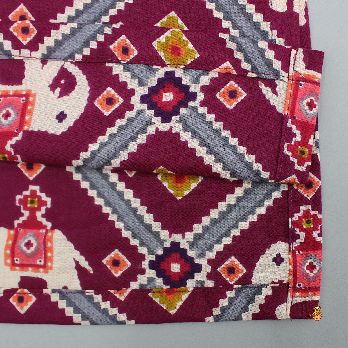 Pre Order: Wine Patola Printed Kurta With Front Open Jacket And Pyjama