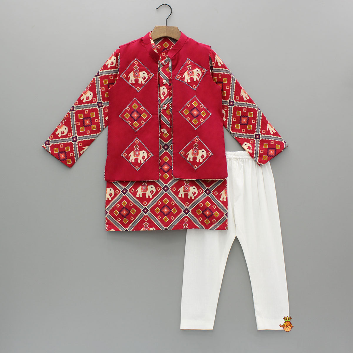 Pre Order: Red Patola Printed Kurta With Front Open Jacket And Pyjama