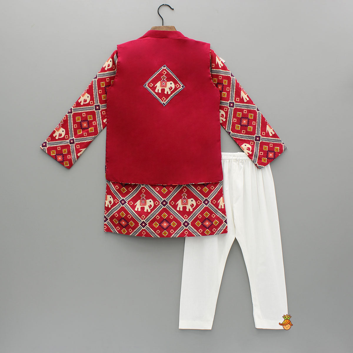 Pre Order: Red Patola Printed Kurta With Front Open Jacket And Pyjama