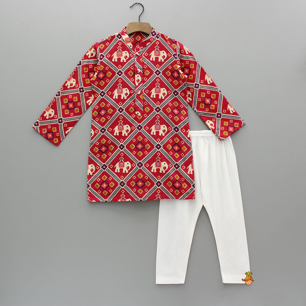 Pre Order: Red Patola Printed Kurta With Front Open Jacket And Pyjama