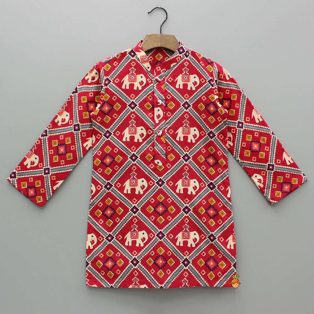 Pre Order: Red Patola Printed Kurta With Front Open Jacket And Pyjama