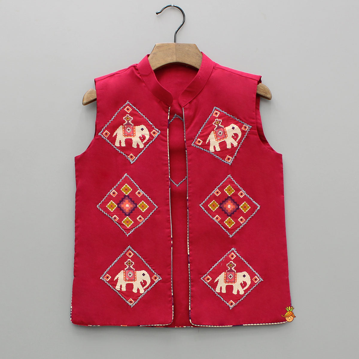 Pre Order: Red Patola Printed Kurta With Front Open Jacket And Pyjama