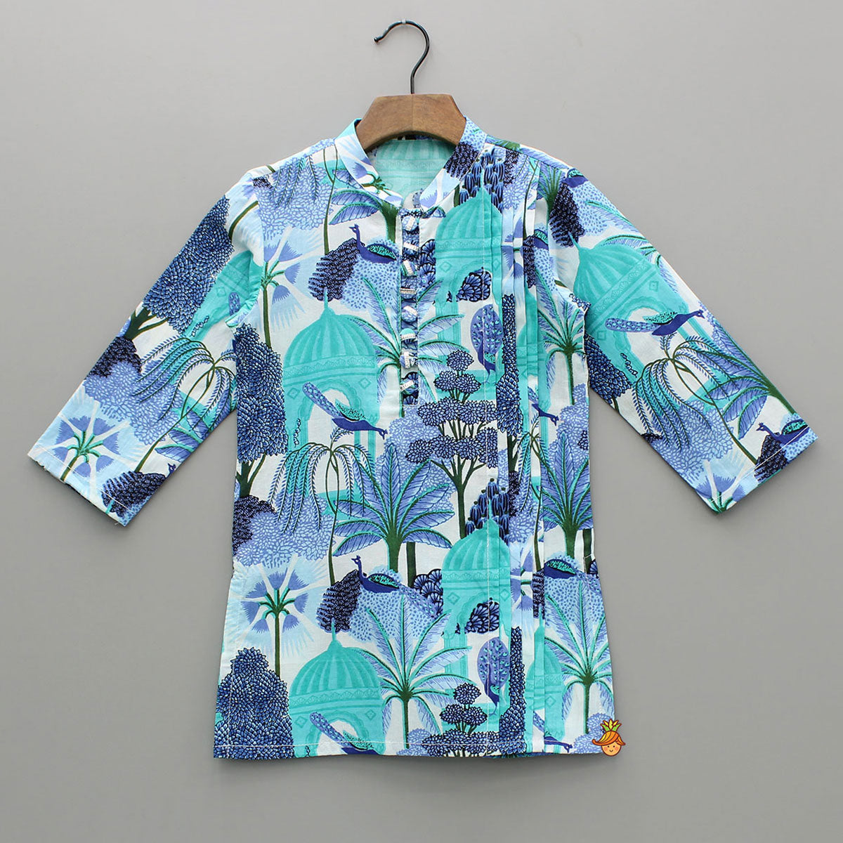 Pre Order: Blue Multicolour Printed Kurta With Pintuck Detail And Pyjama