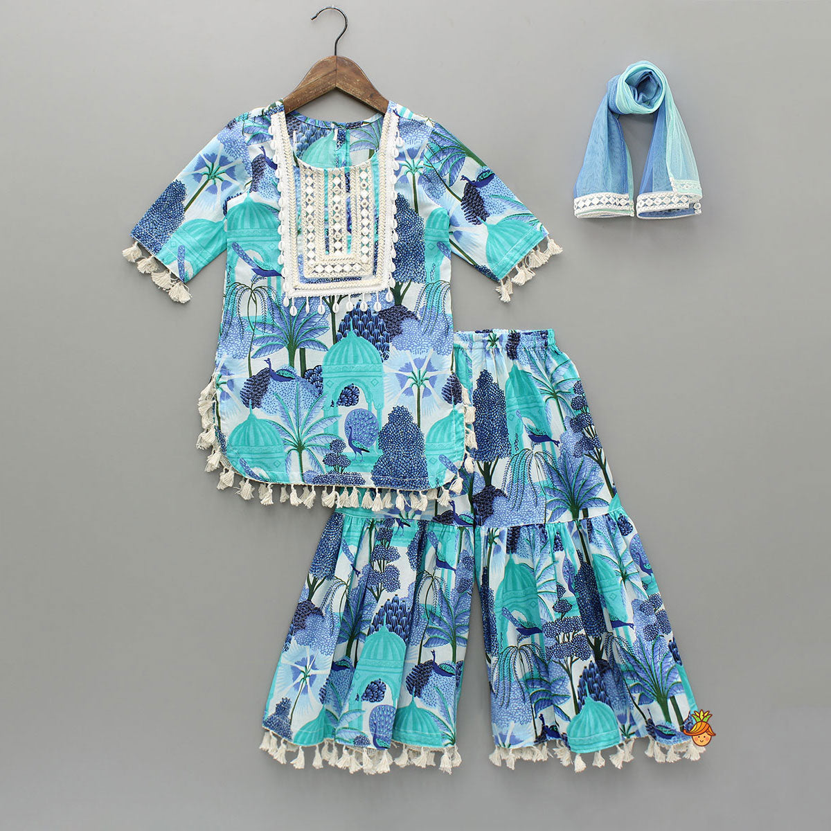 Pre Order: Blue Multicolour Printed Kurti And Sharara With Dupatta