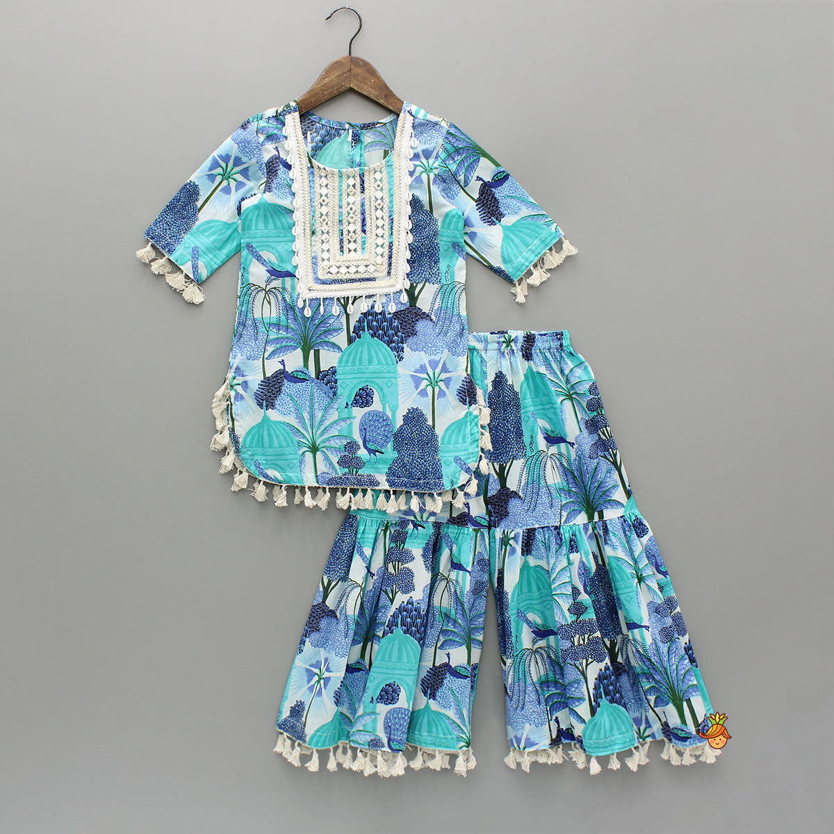 Pre Order: Blue Multicolour Printed Kurti And Sharara With Dupatta