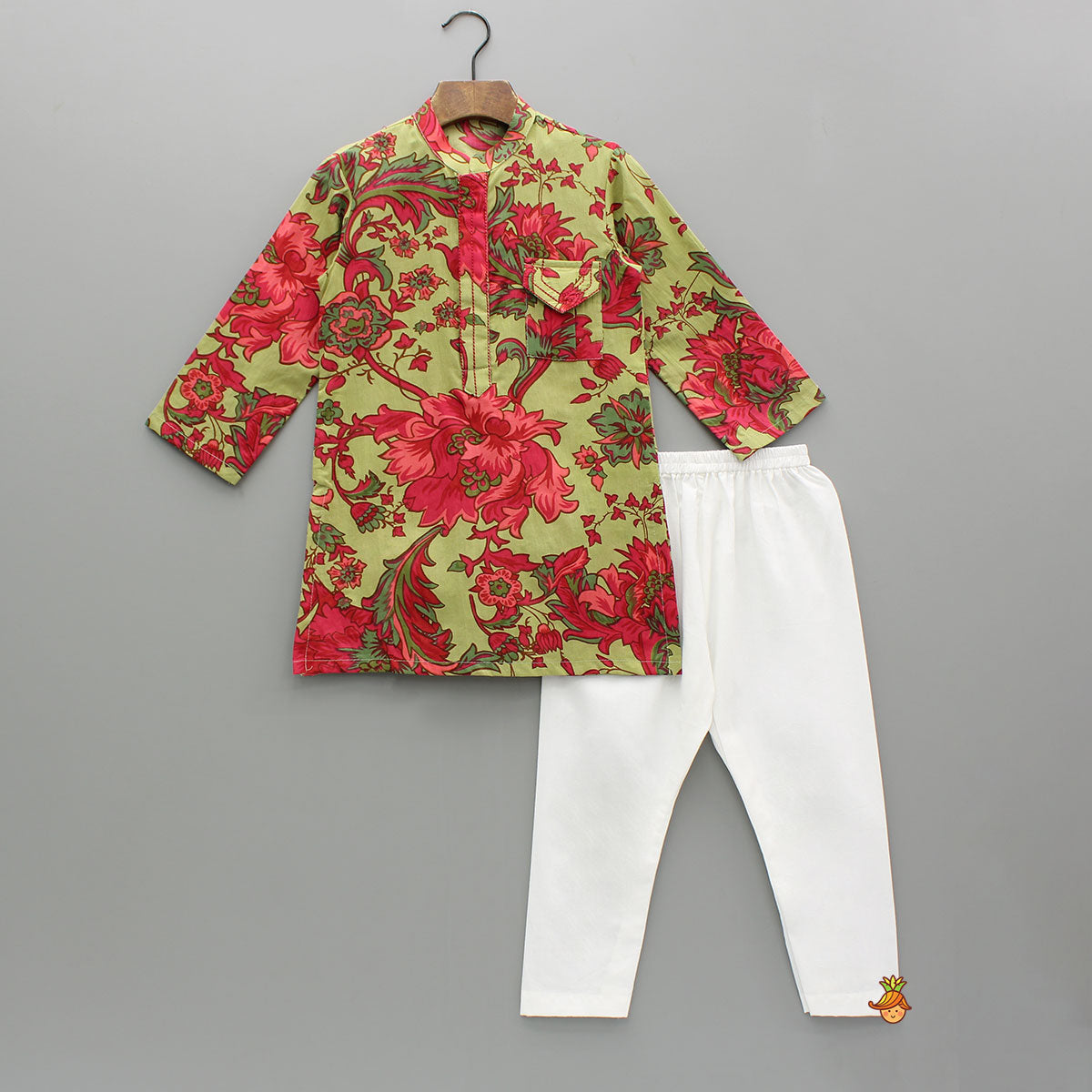 Pre Order: Multicolored Floral Print Green Kurta With Pyjama