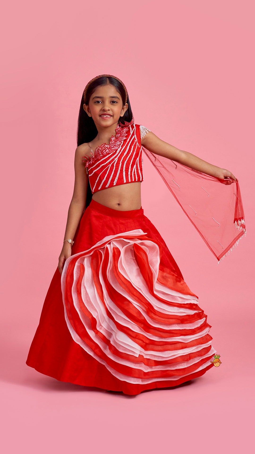 Pre Order: Red One Shoulder Embellished Top With Attached Dupatta And Stylish Lehenga