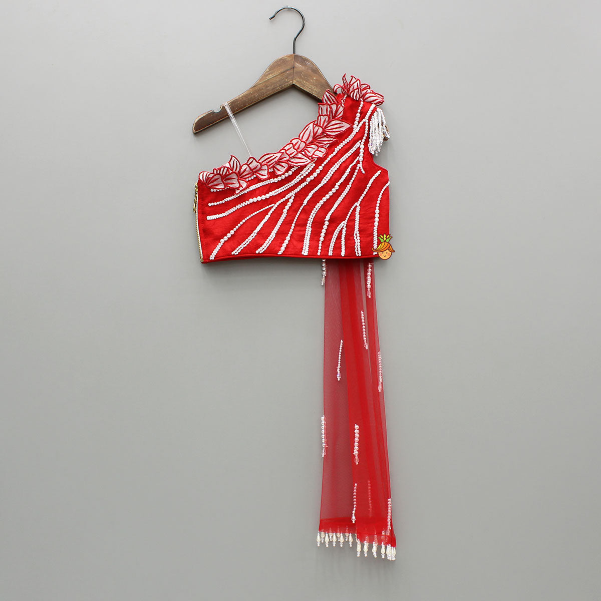 Pre Order: Red One Shoulder Embellished Top With Attached Dupatta And Stylish Lehenga