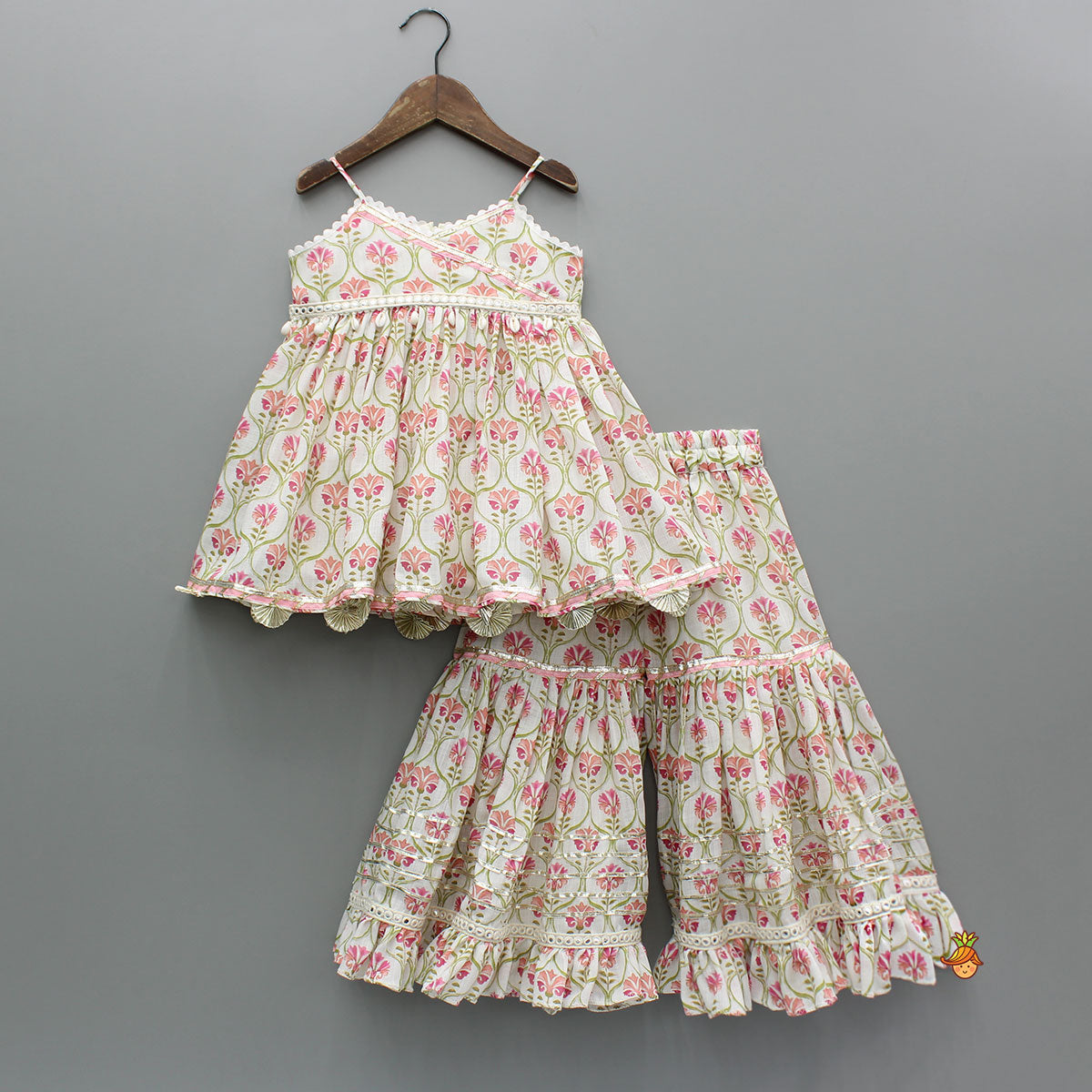 Pre Order: Floral Multicolour Printed Strappy Kurti And Sharara With Dupatta