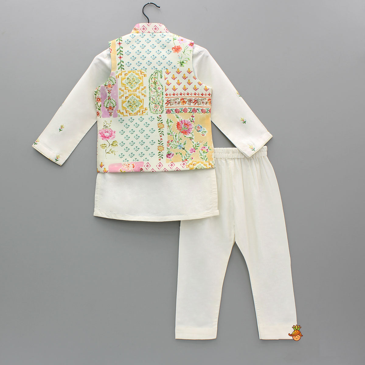 Pre Order: Cream Embroidered Kurta And Multicolour Printed Jacket With Pyjama