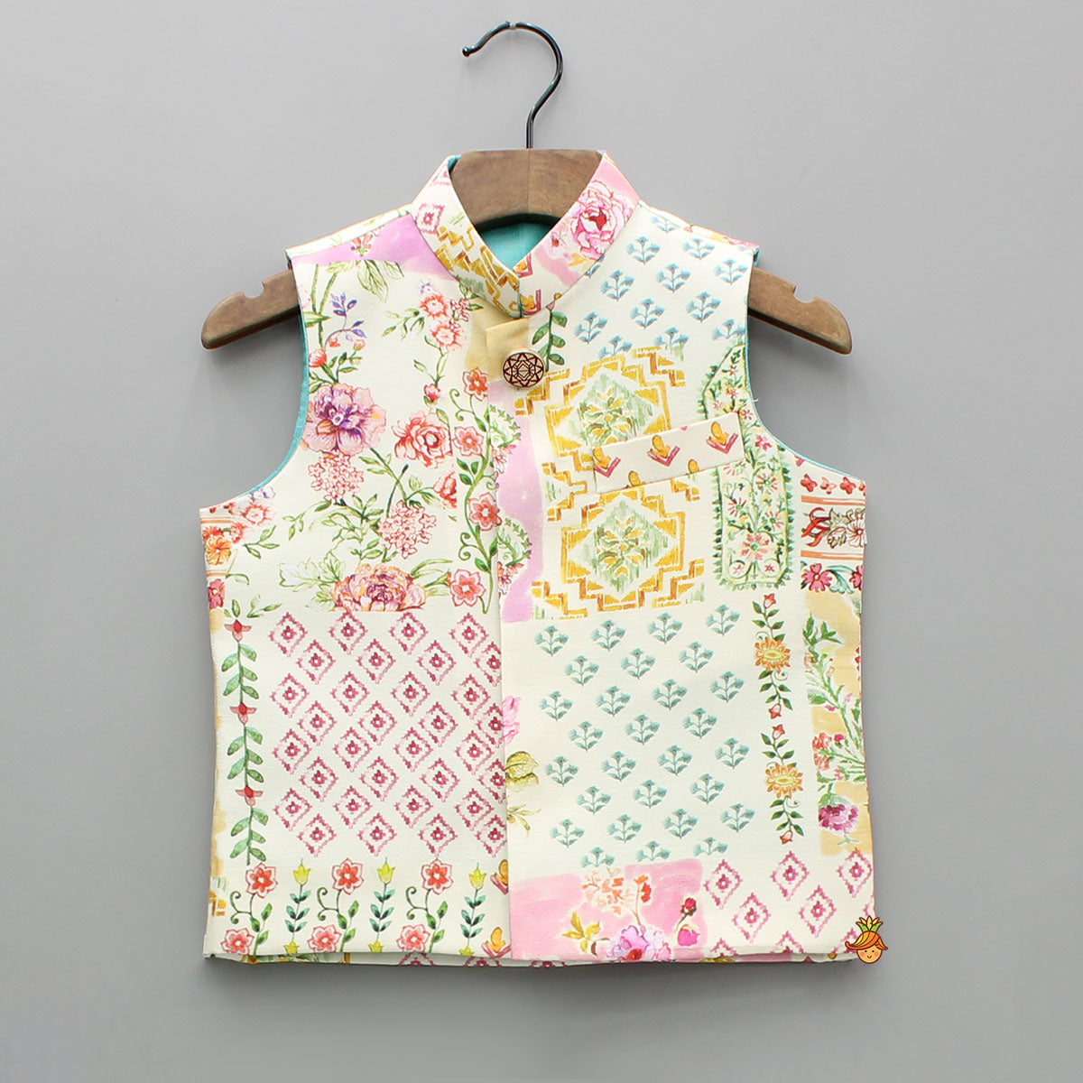 Pre Order: Cream Embroidered Kurta And Multicolour Printed Jacket With Pyjama