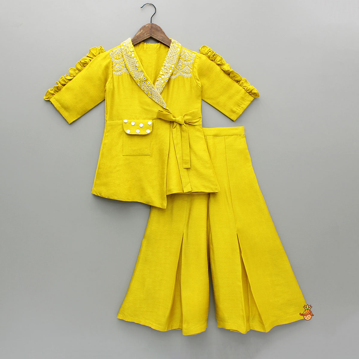 Pre Order: Mustard Embroidered Jacket Style Top And Pleated Palazzo