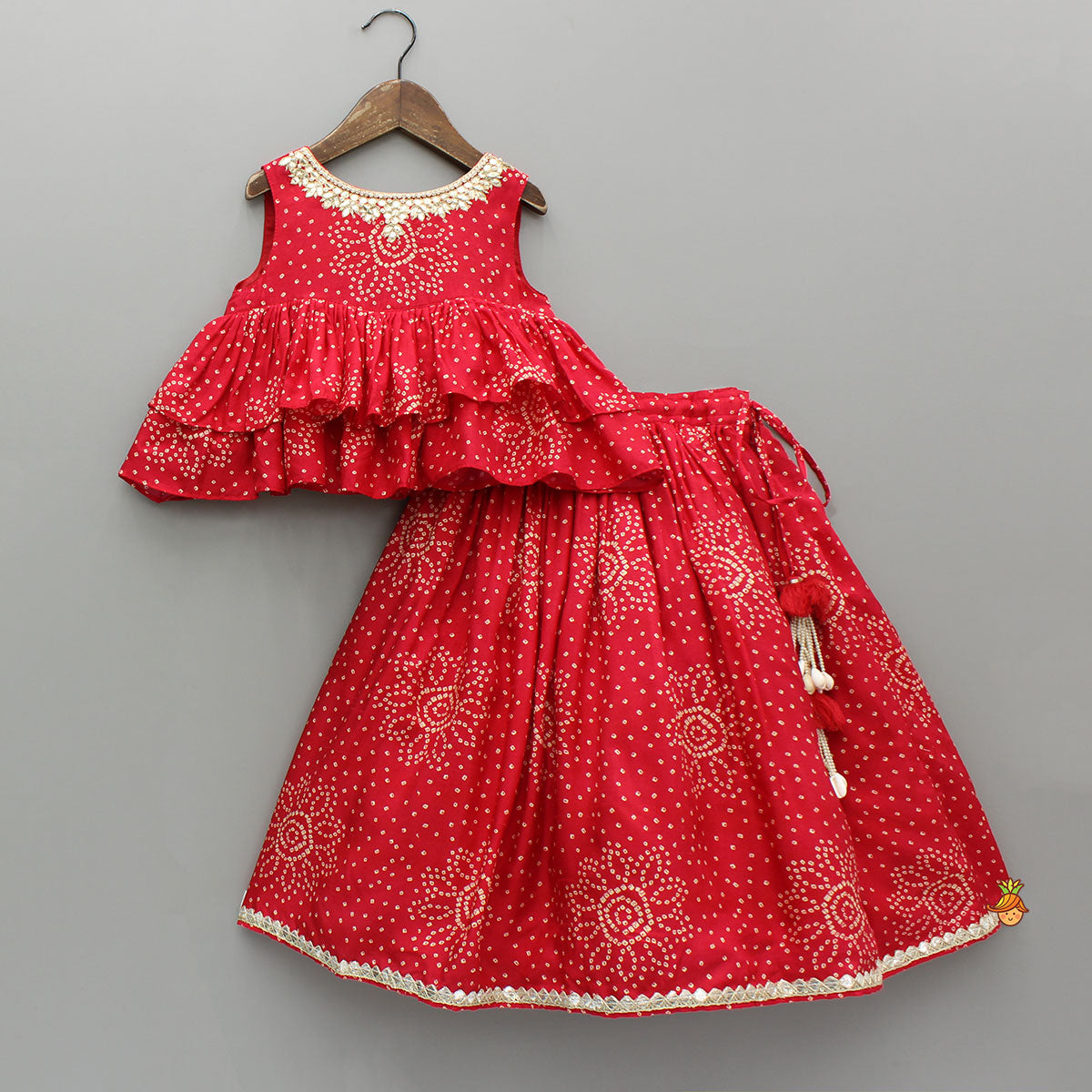 Pre Order: Red Printed Embroidered Layered Top And Flared Lehenga