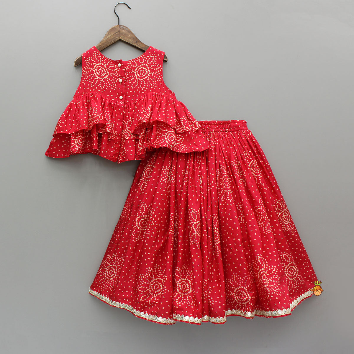 Pre Order: Red Printed Embroidered Layered Top And Flared Lehenga