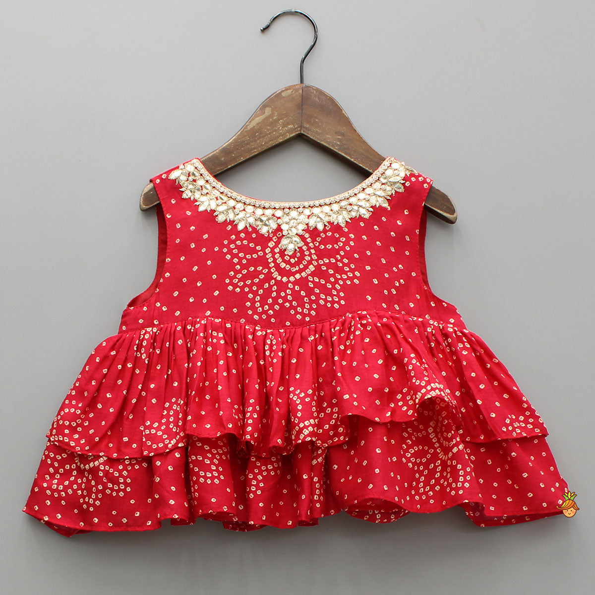 Pre Order: Red Printed Embroidered Layered Top And Flared Lehenga