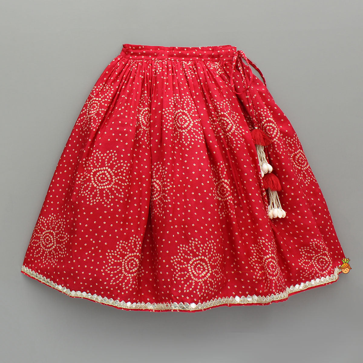Pre Order: Red Printed Embroidered Layered Top And Flared Lehenga