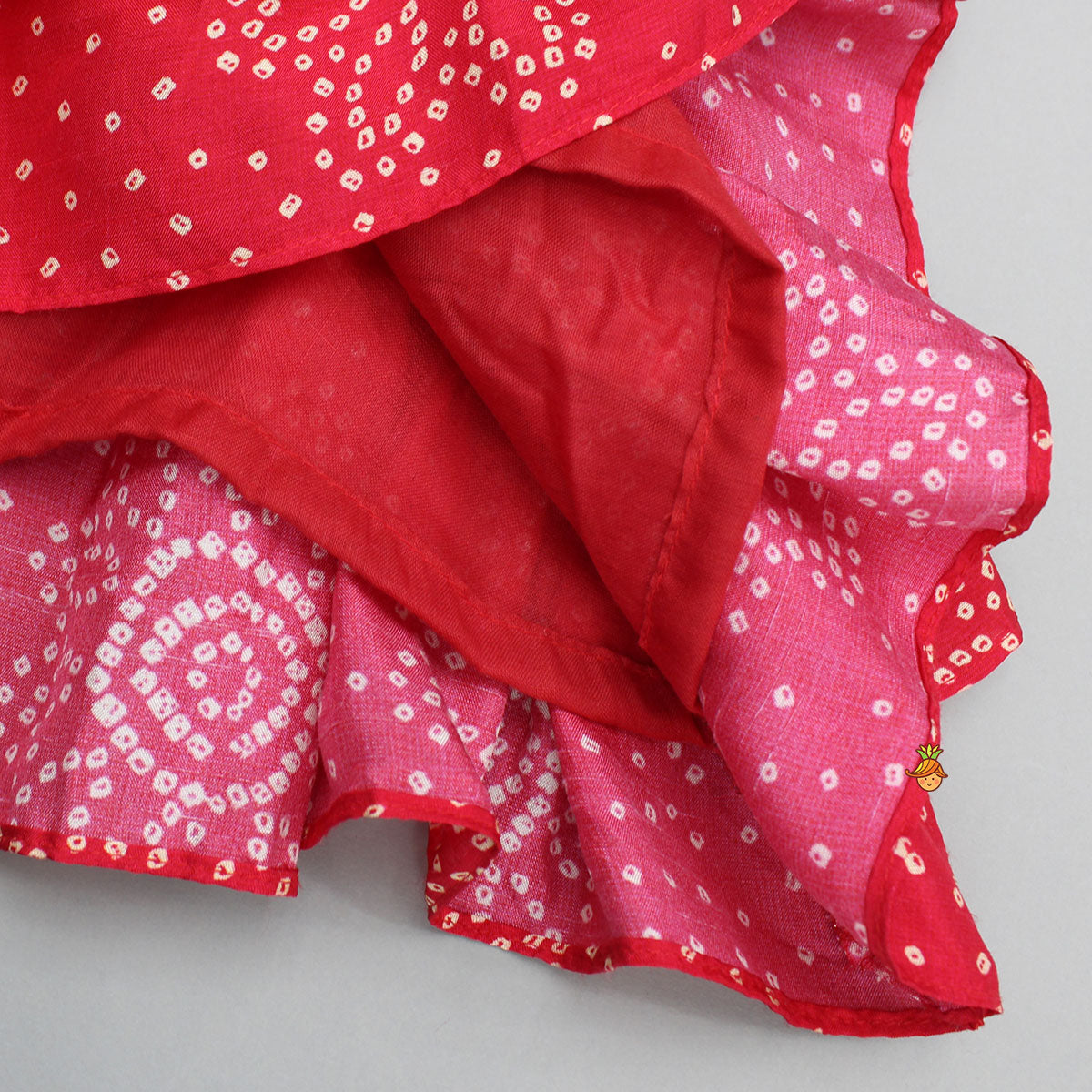 Pre Order: Red Printed Embroidered Layered Top And Flared Lehenga