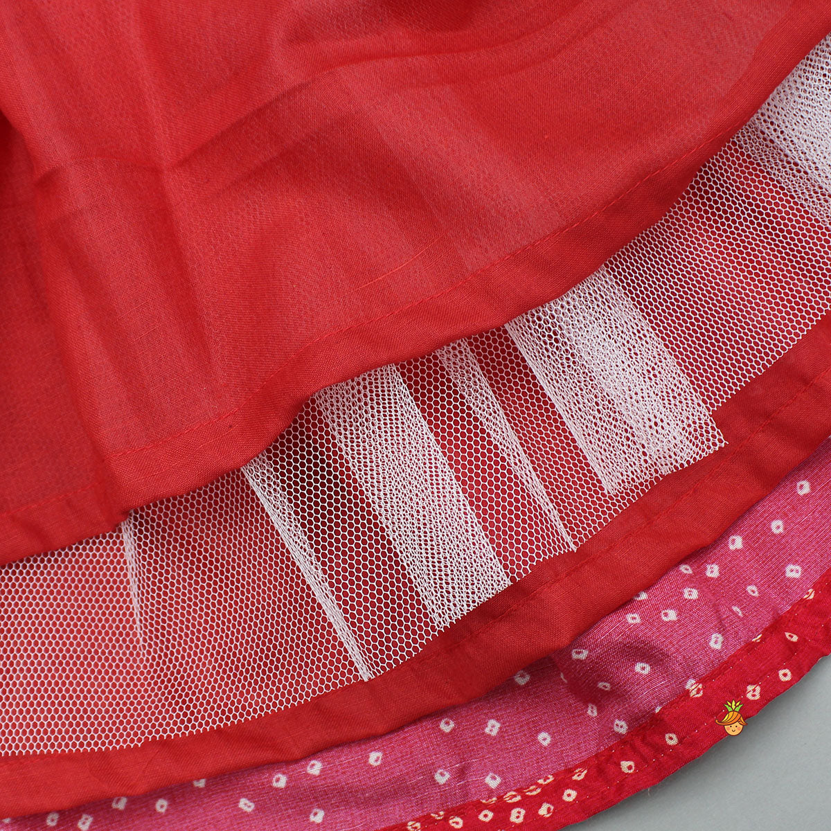 Pre Order: Red Printed Embroidered Layered Top And Flared Lehenga