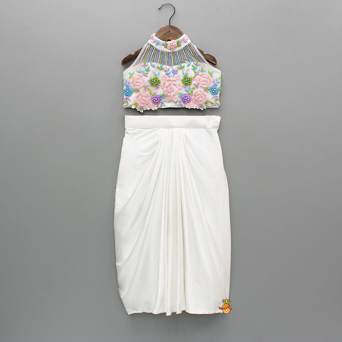 Pre Order: White Embroidered Embellished Halter Neck Top With Dhoti Style Skirt