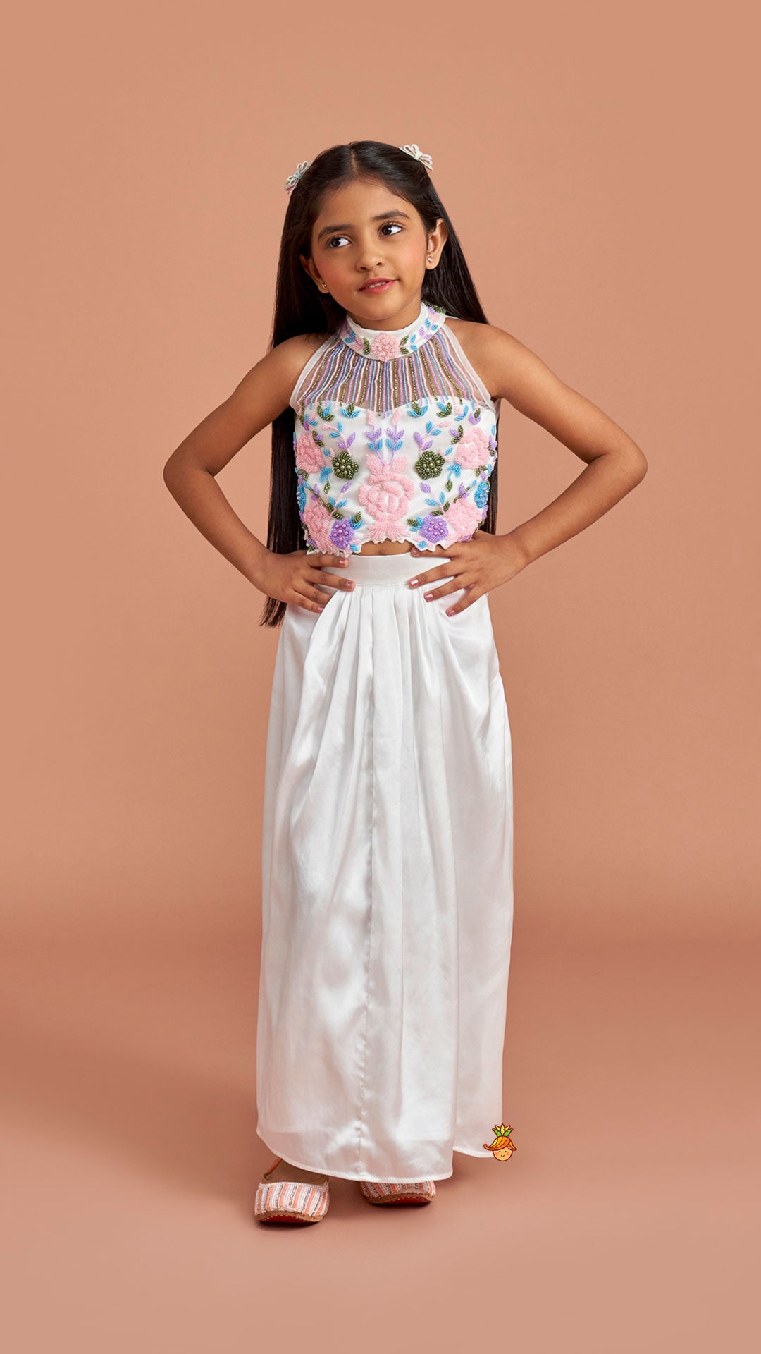 Pre Order: White Embroidered Embellished Halter Neck Top With Dhoti Style Skirt