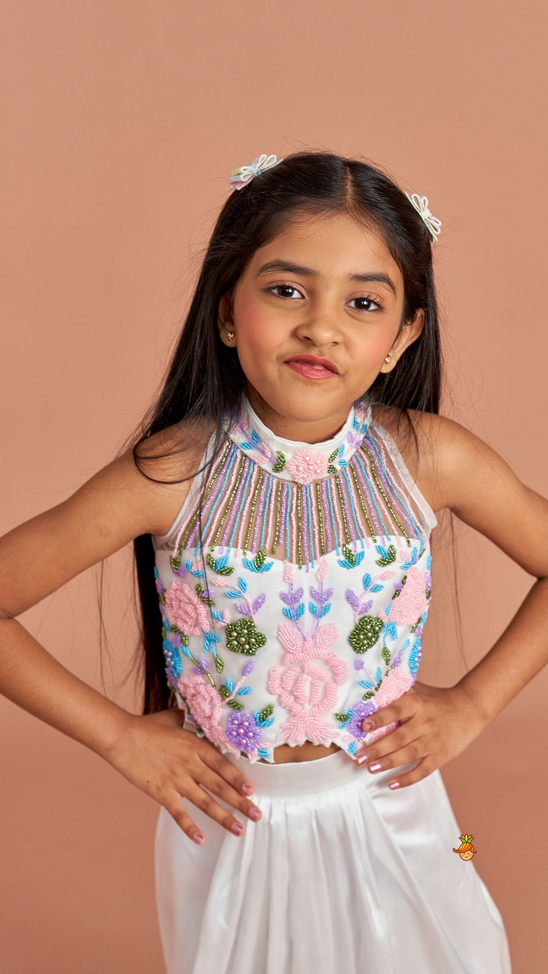Pre Order: White Embroidered Embellished Halter Neck Top With Dhoti Style Skirt