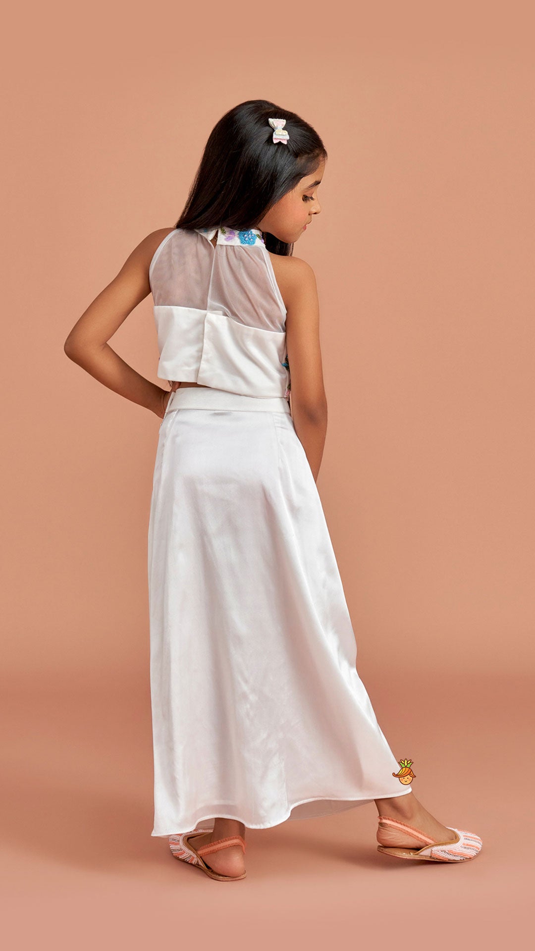 Pre Order: White Embroidered Embellished Halter Neck Top With Dhoti Style Skirt
