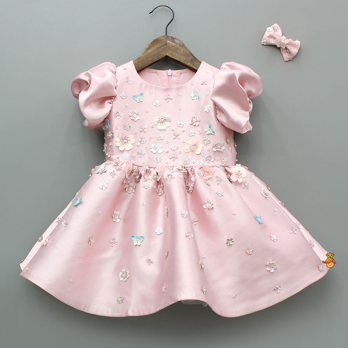 Pre Order: Pink Embellished Dress With Detachable Bow and Matching Hairclip
