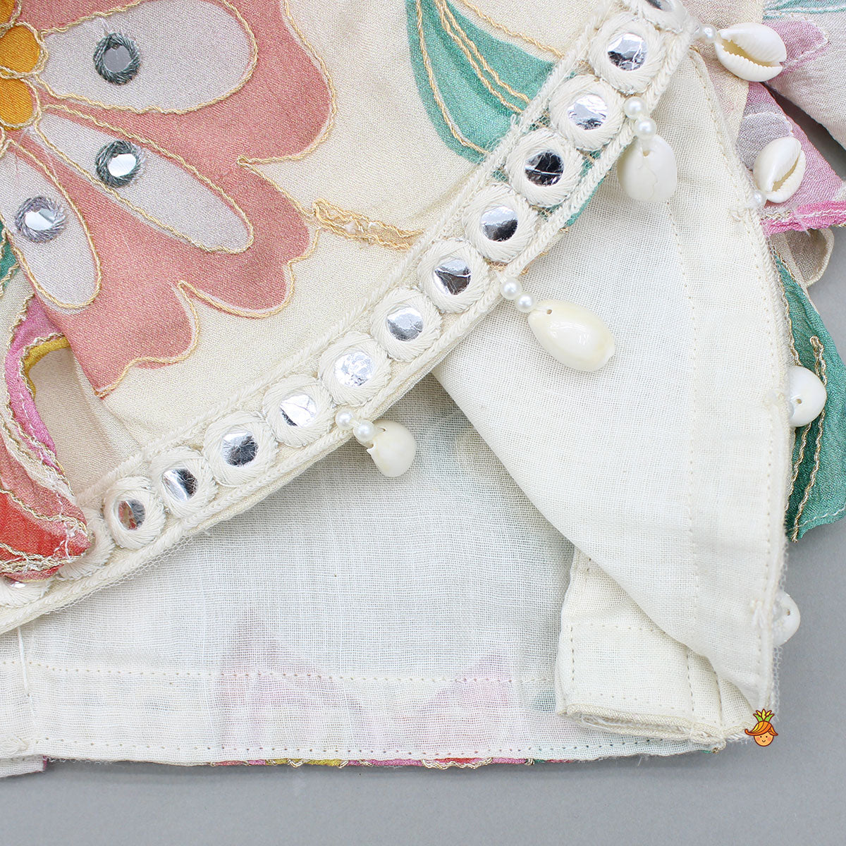 Multicolour Floral Printed And Embroidered Ivory Top With Matching Lehenga And Dupatta