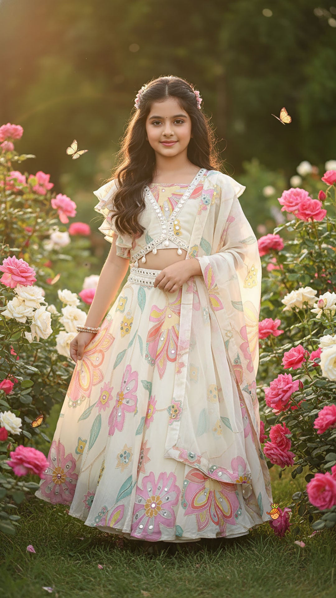 Multicolour Floral Printed And Embroidered Ivory Top With Matching Lehenga And Dupatta